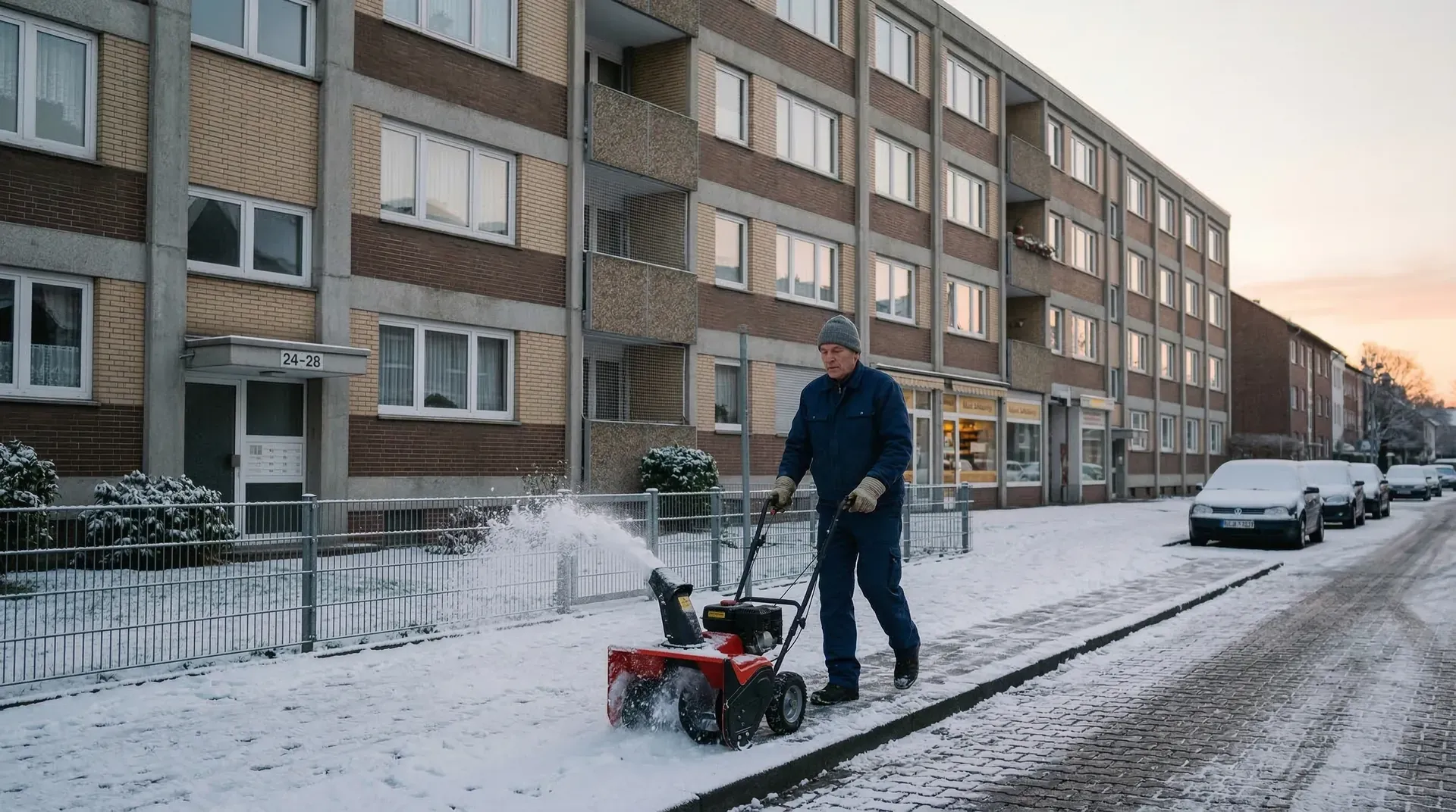 Hausmeister bei Winterdienst vor einem gepflegten Wohngebäude