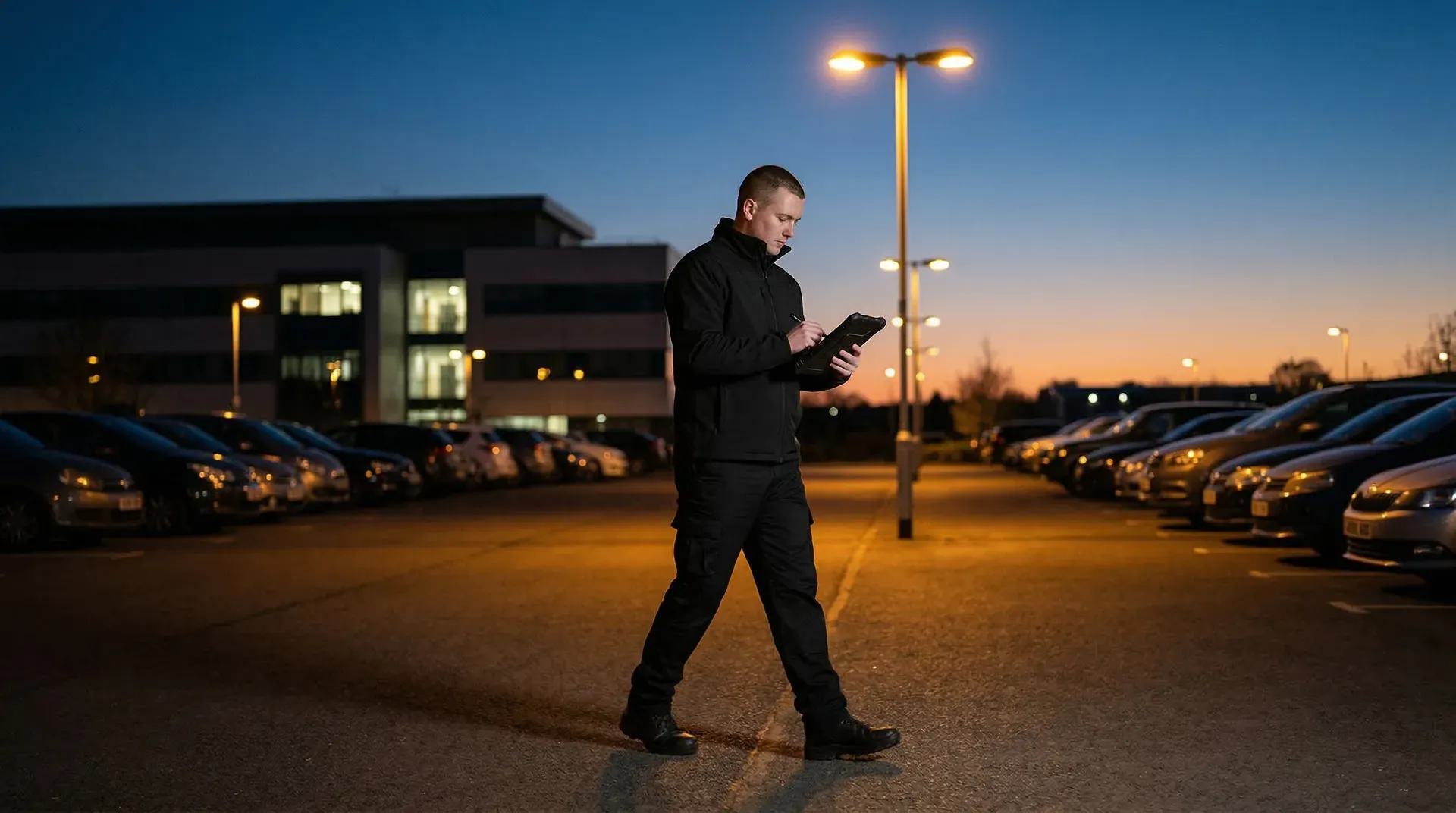 Streifengang auf bewachtem Firmenparkplatz